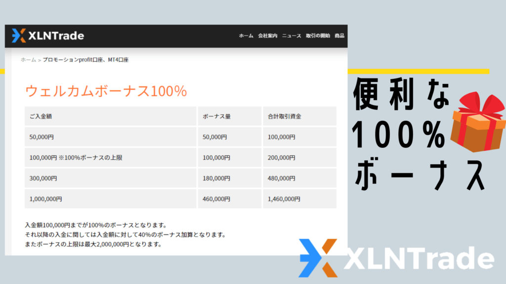 XLNTrade(エクセレントトレード)100%入気ボーナス